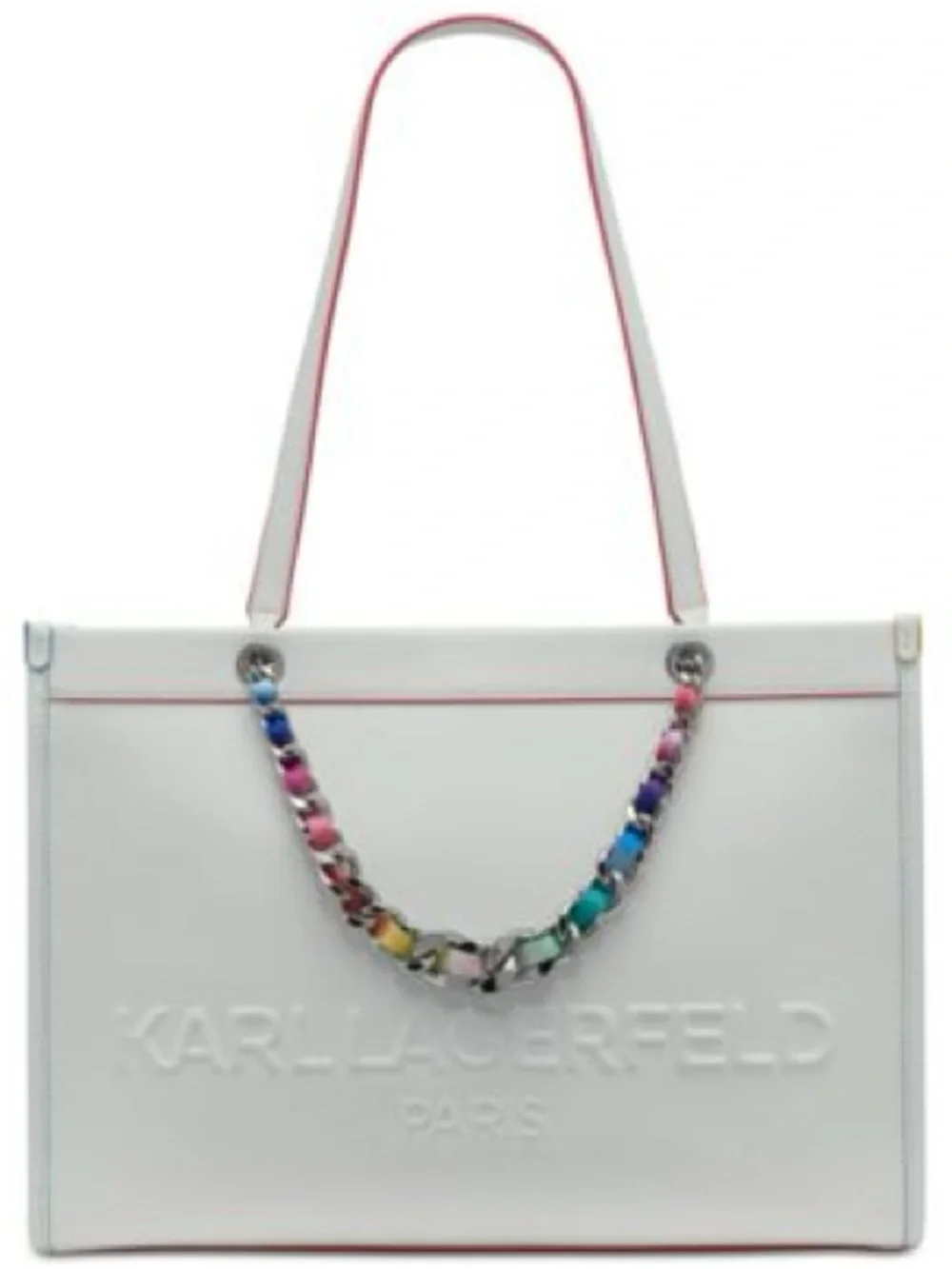Karl Lagerfeld Large White Leather Carry-All Tote Laptop Purse Bag Rainbow Chain